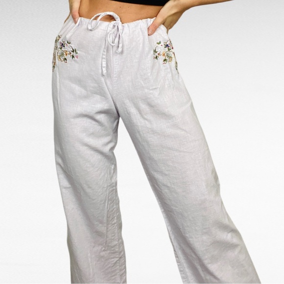 VINTAGE | BONGO Cotton White Linen Blend Embroidered Coastal Drawstring Pants - Picture 1 of 11